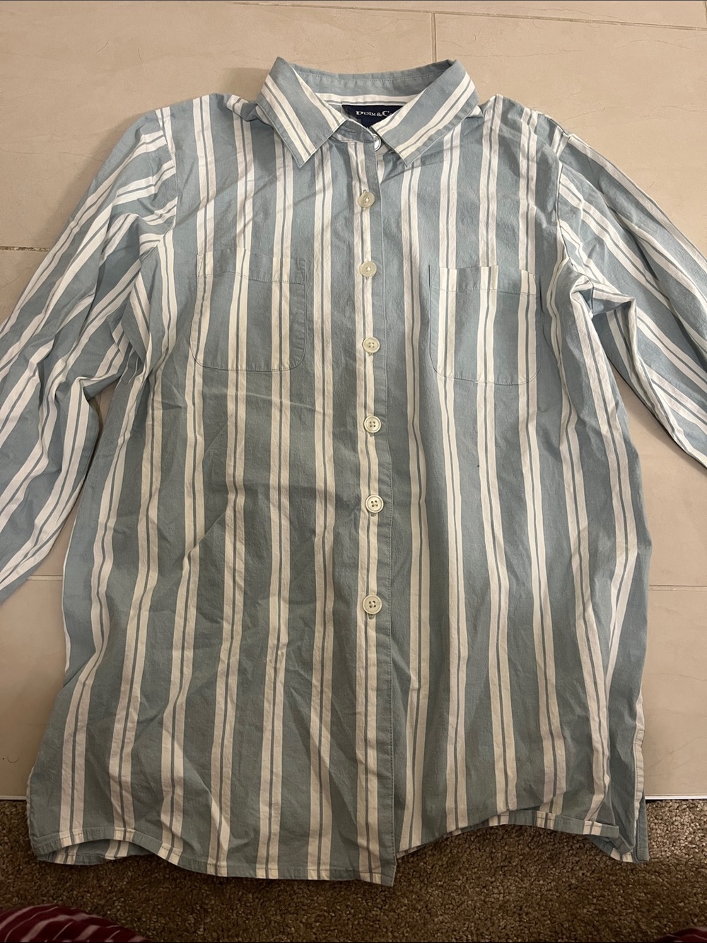 Denim&Co Seafoam Green and White Vertical Stripe Button-Down Tunic